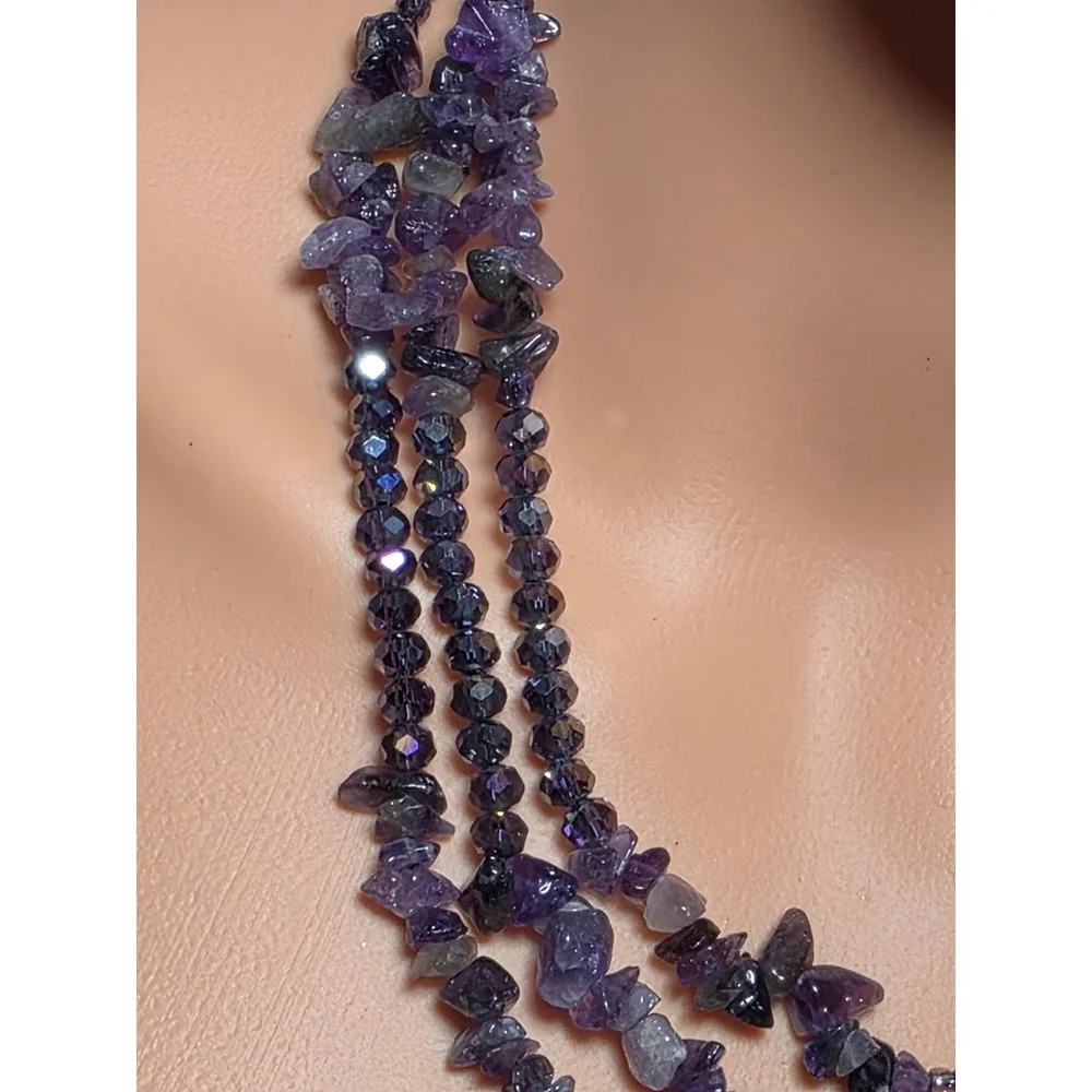 Multi Strand Purple Amethyst Chip Gemstone Necklace Statement Choker‎